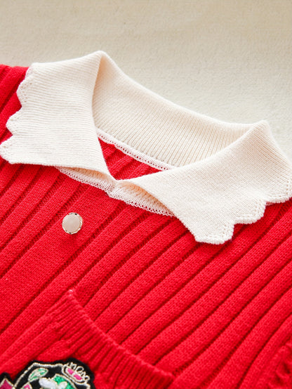 Girls' Preppy Knit Midi Dress with Embroidered Pattern, Long Sleeve