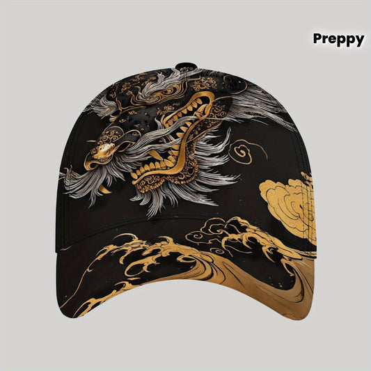 Stylish Dragon & Floral Print Baseball Cap - Breathable Lightweight Unisex Hat for Outdoor Sports, Casual Wear & Lunar New Year Festivities, Black with Golden/White Accents, Festive Headwear, Vibrant Patterned Cap, Comfortabl