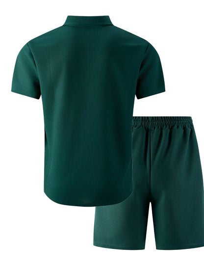 Men's 3-Piece Casual Waffle Knit Summer Set with Shirt & Shorts
