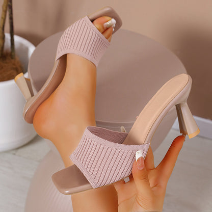 Elegant Chunky-Heeled Knitted Open-Toe Sandals for Women
