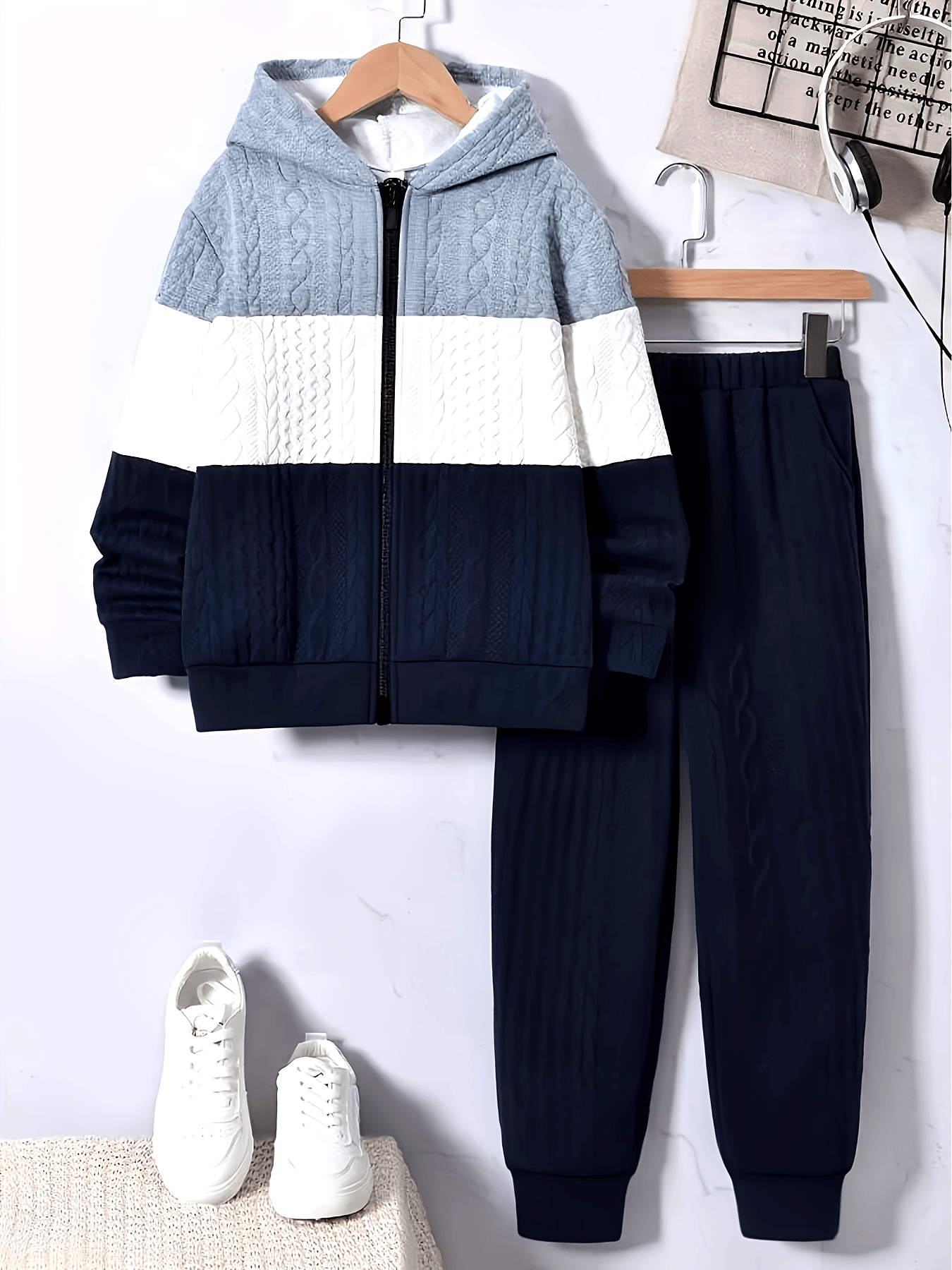 Youth 's Fashion Thickened Jacquard Fabric Grey White Navy Contrast Stitched Hoodie Sweatshirt + Comfortable Drawstring Casual Pants Two-Piece Set, Perfect for Outdoor Activities, Perfect for Outdoor