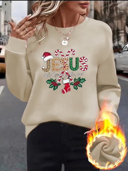 Women's Fleece-Lined Round Neck Pullover Sweatshirt - "JESUS" Christmas Print, Comfortable Loose Fit for All Seasons, Festive Holiday Design Casual Top
