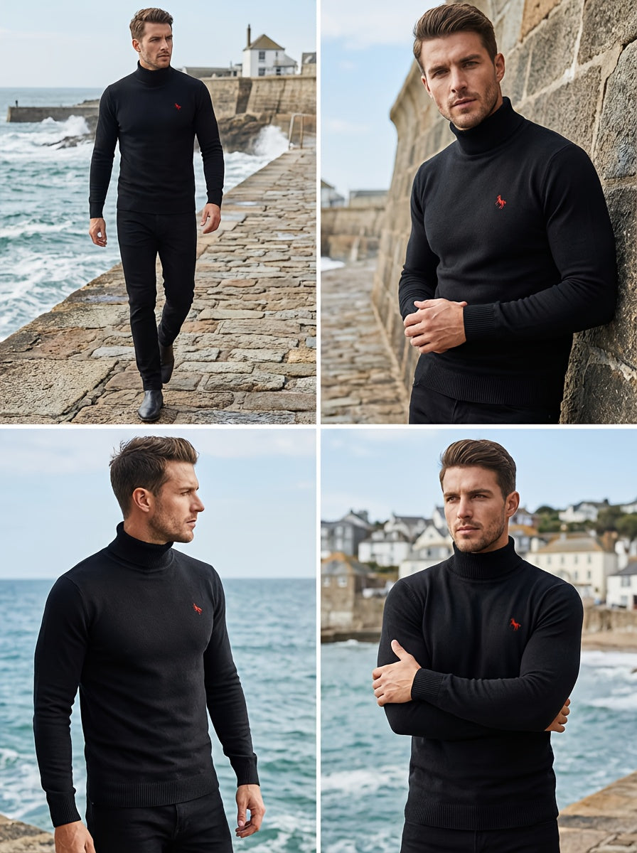 Men'S High-Neck Knitted Sweater | Slim Fit Pullover with Embroidered Spurs Design, Soft and Comfortable, Rayon Fabric, Fall/Winter Collection
