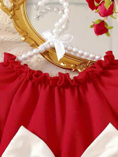 Girls' Long Sleeve Party Dress - Winter Formal & Everyday Outfit, Machine Washable Toddler & Baby Girl Clothing with Front Bow Accent - Rich Red Birthday, Christmas, Photoshoot Dress