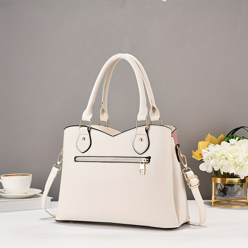 Wo 's Casual Geometric Two-Tone Large Capacity   Handbag with Adjustable   Strap, Detachable Wristlet & Zipper Closure - in Khaki/White/Pink/Red/Green/Black, Travel Accessory, Stylish Accessory, Durable Construction, Spacious