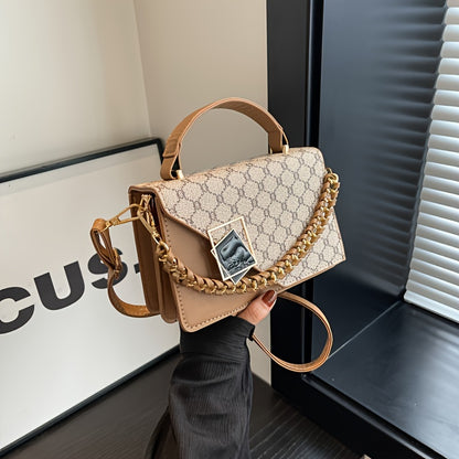 LABOONOO Geometric Chain-Link Handle Small Square Handbag - Handbag with Adjustable Strap, Zipper Closure & Polyester Lining, Deep Brown/Grey/White for Casual & Formal Occasions, Small Handbag, Versatile Purse, Decorative Cha