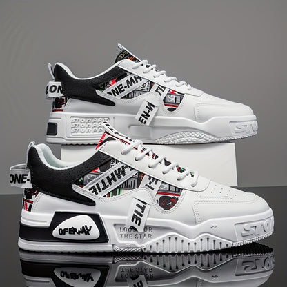 1 Pair MAINALUN Men'S Business Casual Sneakers - Lightweight, Durable, and Stylish for Outdoor Activities, Travel, and Daily Wear, White with Black Accents and Logo, Comfortable Lace-Up Design, Casual Footwear   Stylish Casua