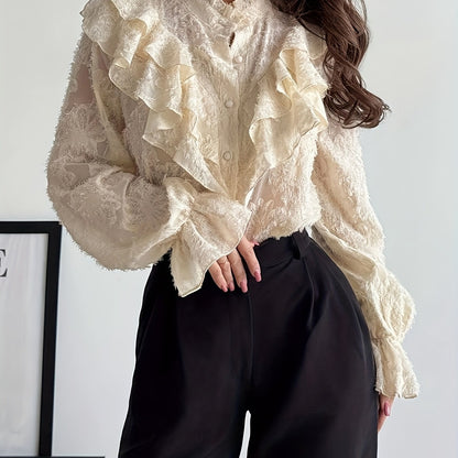 Women's Elegant and Romantic Retro Court Style Stand Collar Pleated Textured Button Flared Sleeve Apricot Shirt, Autumn Collection