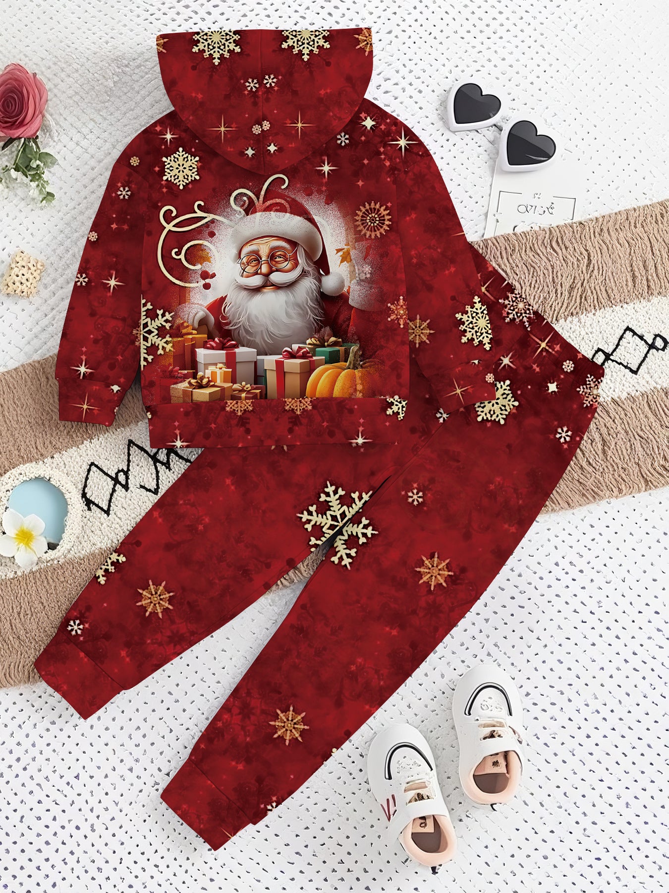 2pcs Girls' Santa Claus Face & 3D Print Hooded Sweatshirt & Pants Set - Red & Golden Christmas Outfit with Santa Hat & Reindeer Design, Casual Winter Clothes for Toddlers & Kids, Perfect Gift for Little Boys & Girls (Machine