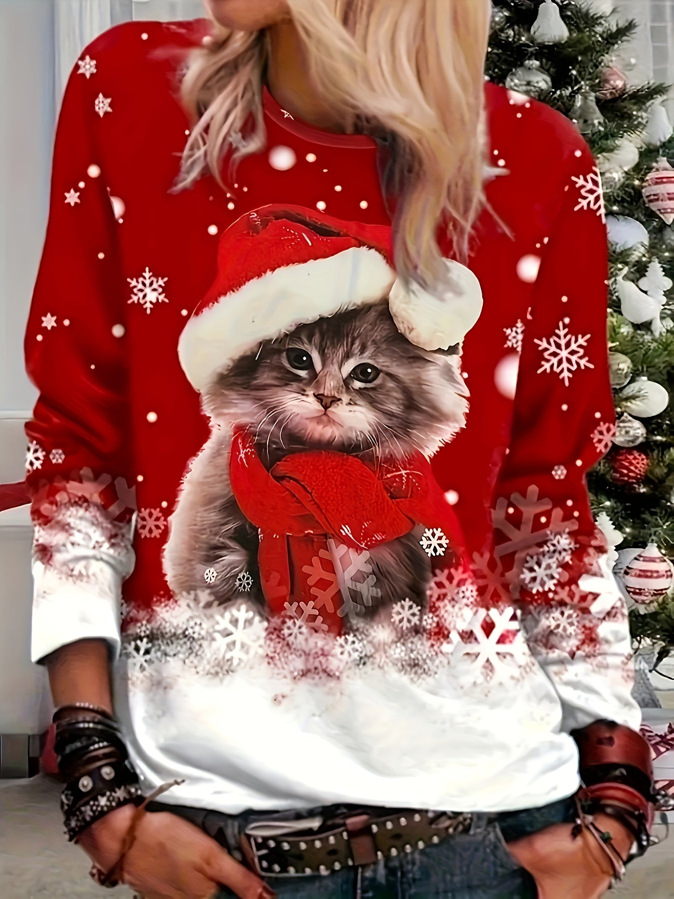 Women's Elegant Christmas Cat & Snowflake Print Long Sleeve T-Shirt Top - Red & White Cozy Sweater-like Design, Round Neck, Medium Stretch, Machine Washable Winter Holiday Party Outfit (No-Sleeve Style) - Autumn/Winter Fashio