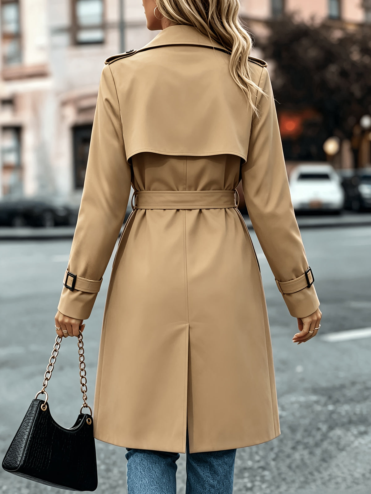 Elegant Solid-Color Double-Breasted Trench Coat with Belt