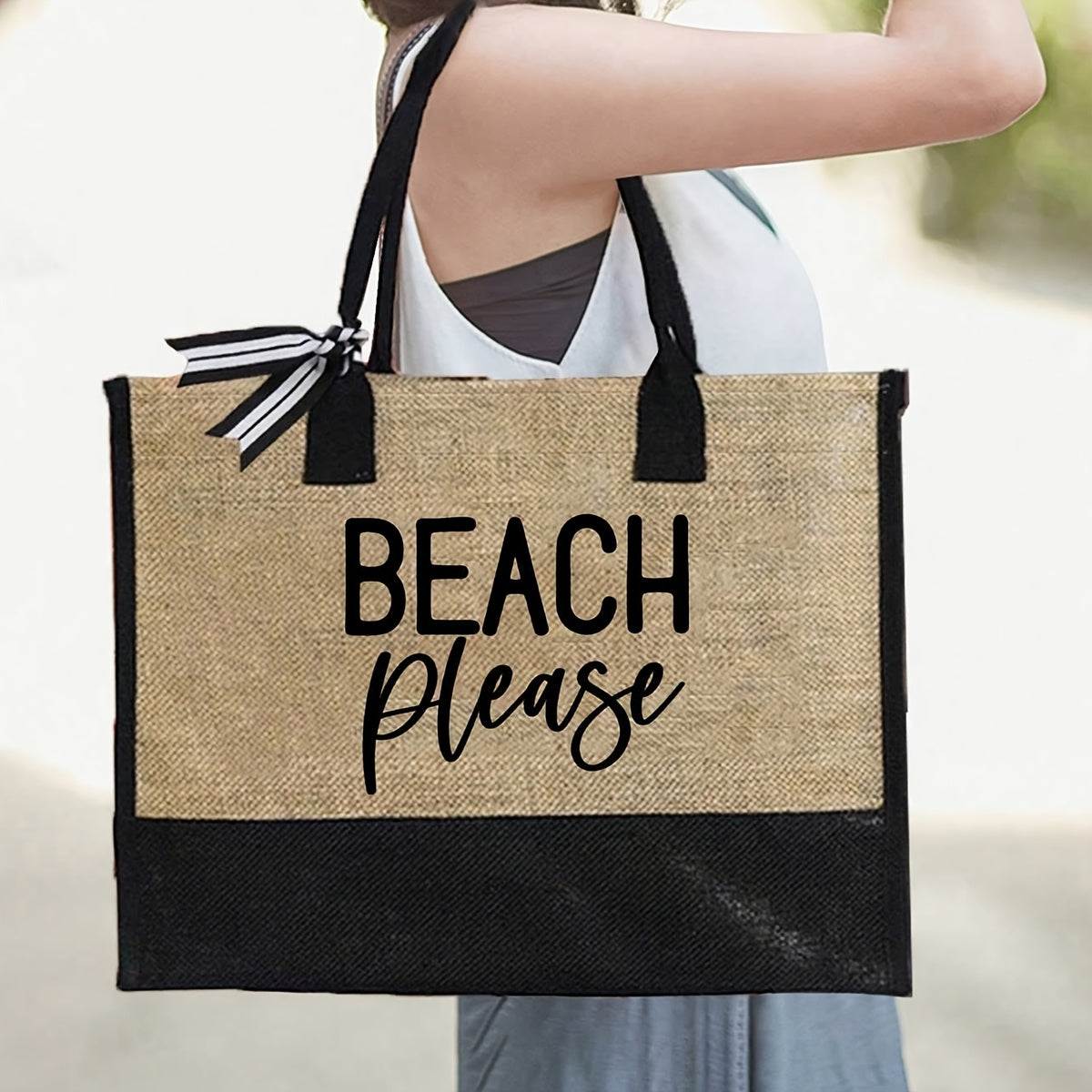 Women's Beach Tote Bag with 'Beach Please' Print - Large Capacity
