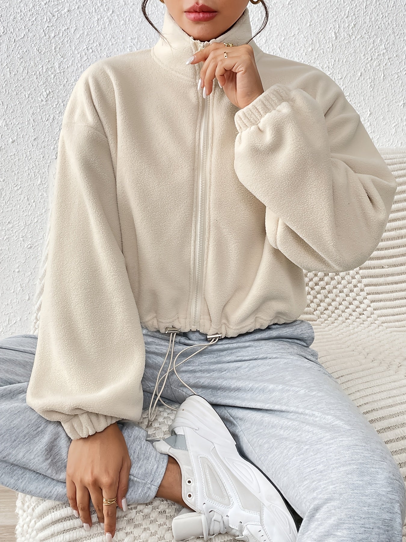 Women'S Casual Zippered Front Drawstring Hem Jacket - High-Neck Long Sleeve with Pockets, All-Season Comfort, Machine Washable, Versatile for Casual Attire, Casual Wear Jacket | Highneck Jacket | Zippered Jacket