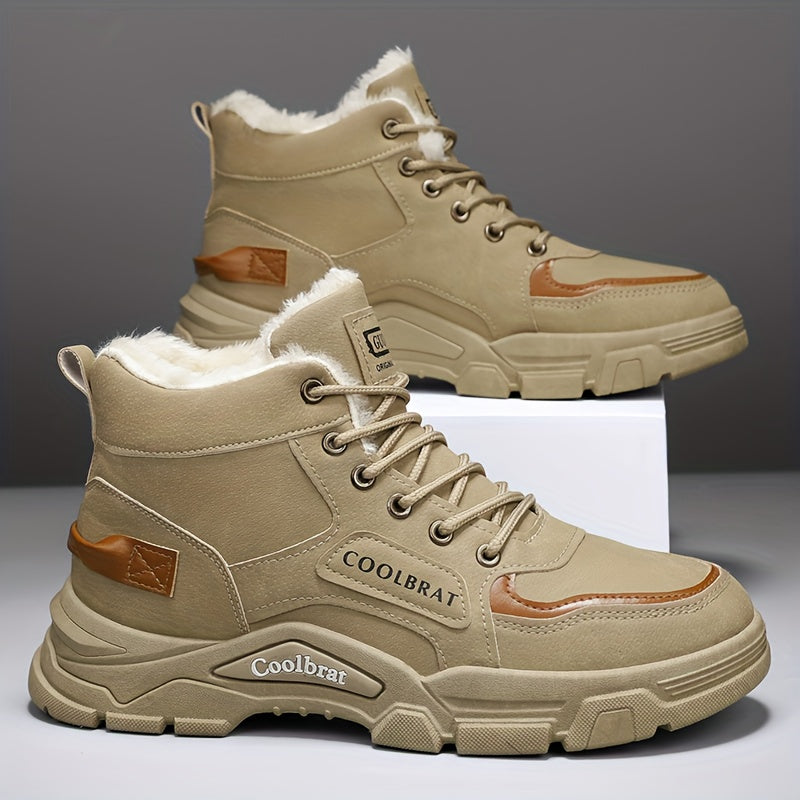 Men's Mid-Calf Winter Boots with -Like Collar & Plush - Heavy-Duty PU Upper, PVC Sole, Lace-Up Ankle for, Outdoor, Casual & Gym - Beige/Tan (Warm Cold Weather Trekking Shoes)