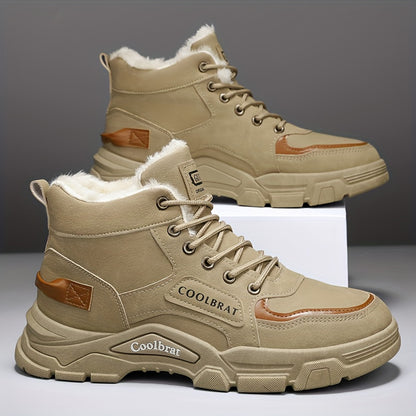 Men's Mid-Calf Winter Boots with -Like Collar & Plush - Heavy-Duty PU Upper, PVC Sole, Lace-Up Ankle for, Outdoor, Casual & Gym - Beige/Tan (Warm Cold Weather Trekking Shoes)