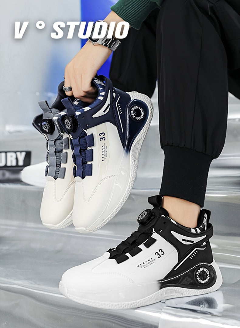 Men's Fashionable High-Top Sneakers with Rotating Buckle - Versatile, Breathable Running Shoes for All Seasons