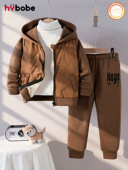 Boys' Fashion Set, Autumn/Winter Coffee Brown Hooded Lined Warm Jacket & Elastic Waist Velvet Pants with "ONPE‘" Letter Pattern - Casual Comfortable Thermal Sportswear Gift, Perfect for