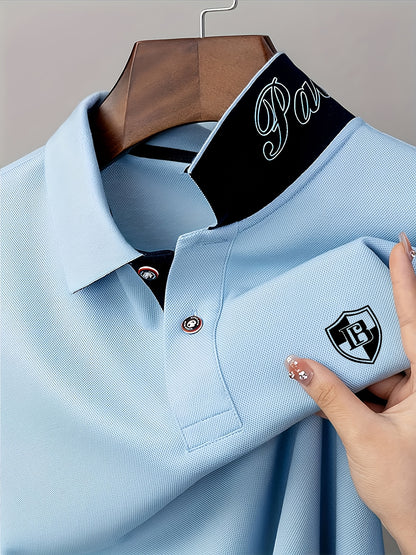 Men'S Fashion Short-Sleeve POLO Shirt | Contrast Rib-Knit Collar with 3D High-Frequency Print | Casual Style, Regular Fit, Summer Season - ayq