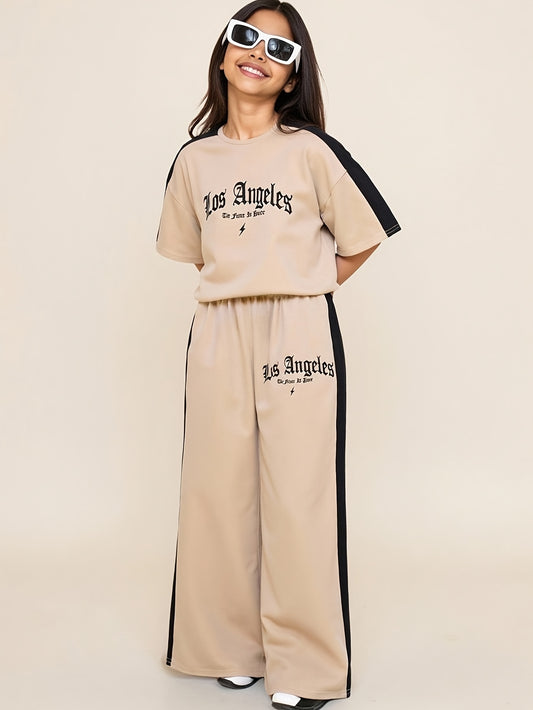 Girls' Casual Two-Piece Set with Loose Top & Wide-Leg Pants