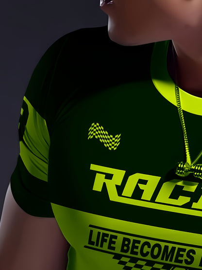 Men'S Racing Graphic T-Shirt - Bold Neon Green  Black Racing Car Design, Lightweight Breathable Fabric for Motorsport Events, Casual Streetwear - Chicago Dream Maker Inspired Casual Attire, Racing Jersey, Event Apparel, Spor