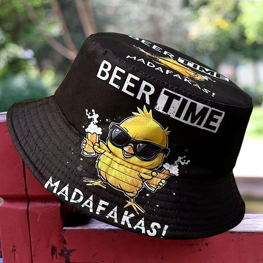 1pc Summer New Arrival Beer Time Duck Print Reversible Bucket Hat - Fun Beach & Streetwear, Sun Protection, Lightweight Polyester, Black with Colorful Graphics, Reversible Fashion | Street Style Hat | Woven Texture