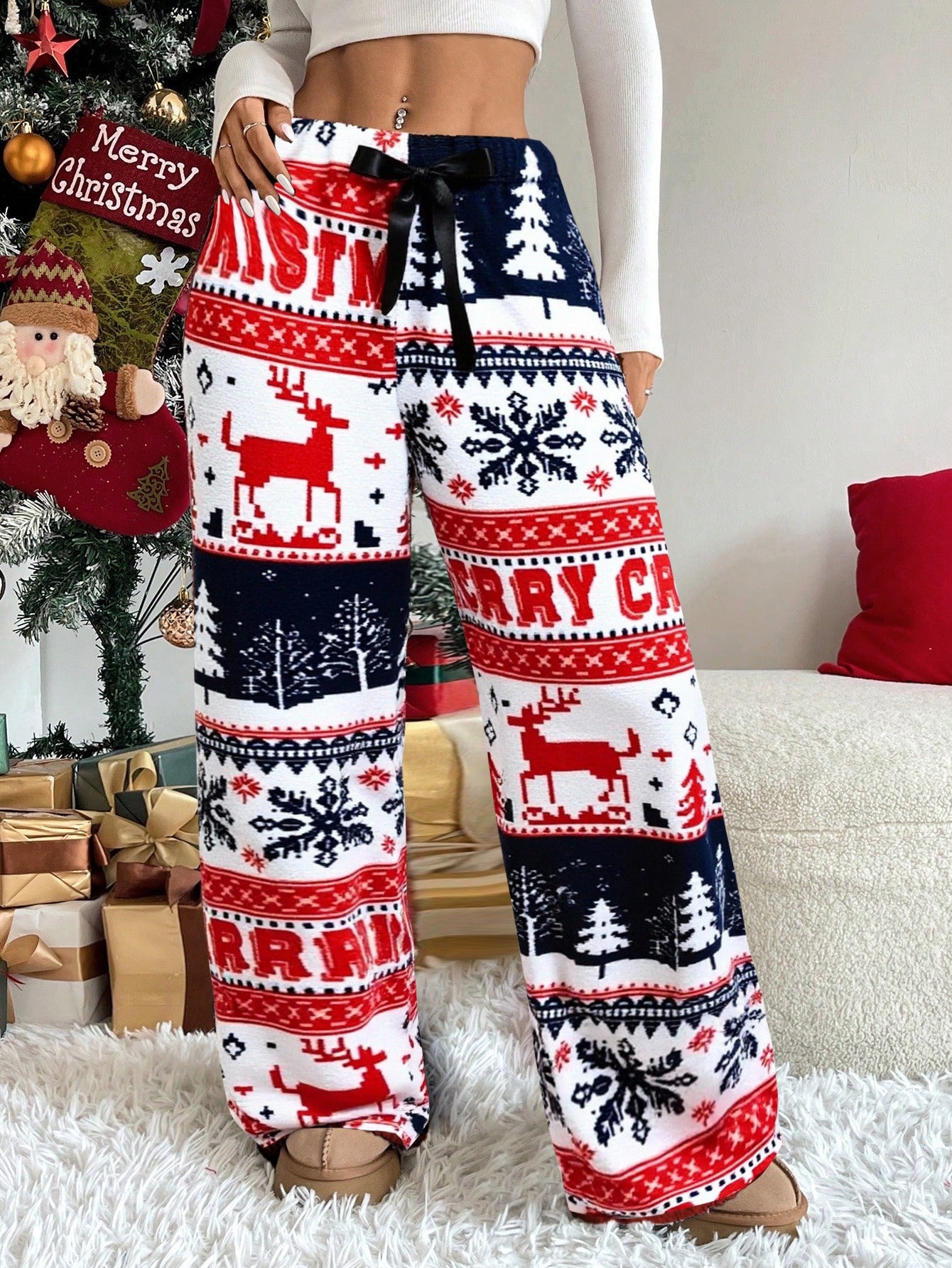 Women'S Winter Warmth Pants - Cozy Fleece-Lined Wide-Leg Trousers with Elastic Waist & Cuffed Hem, Red & Snowflake & Reindeer Print, Bohemian Style For Cold Weather, Winter Pants, Cold Weather Apparel, Soft Fabric Trousers, L