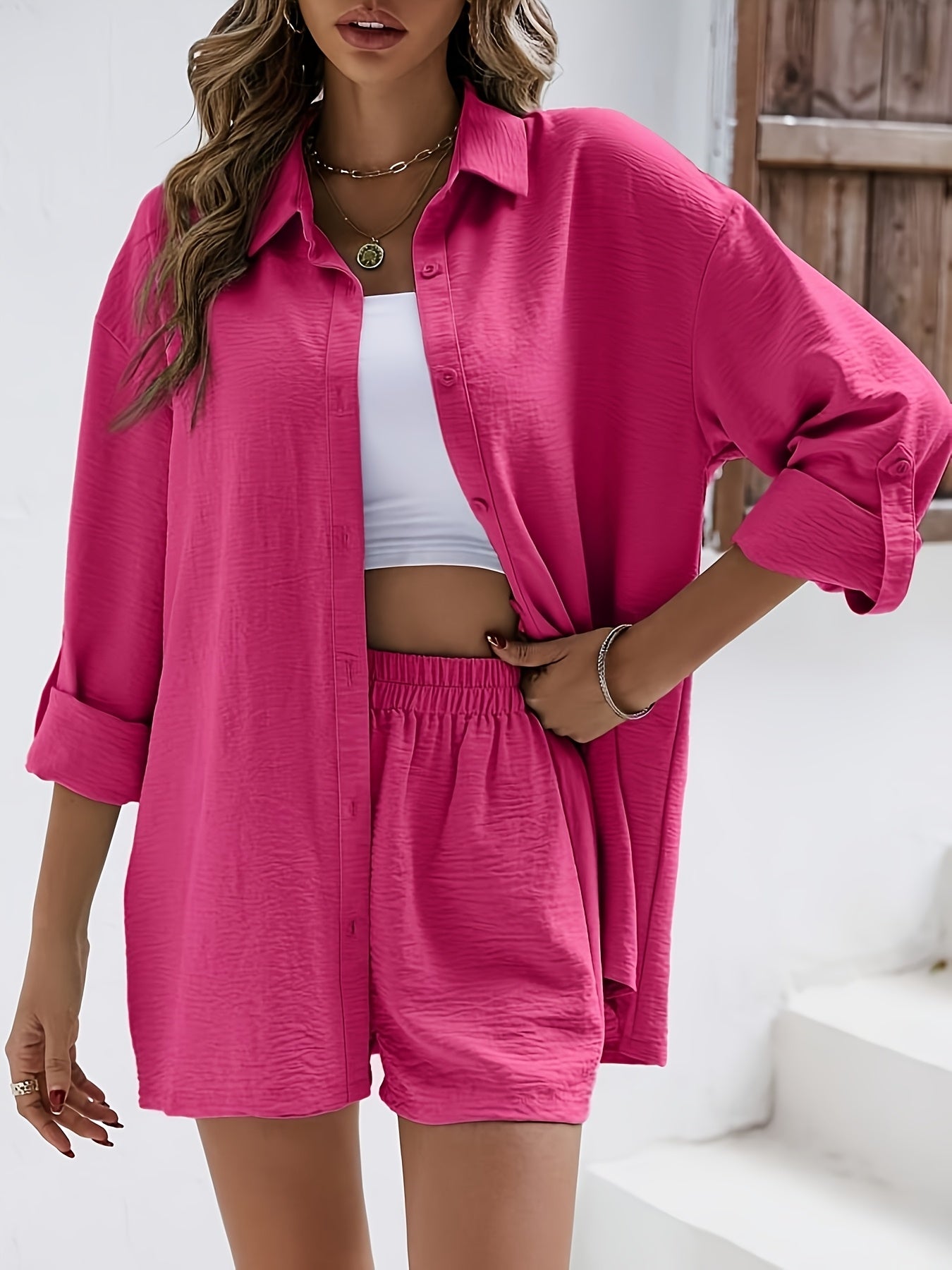 Women's Casual Summer Long Sleeve Shirt & Elastic Waist Shorts Set