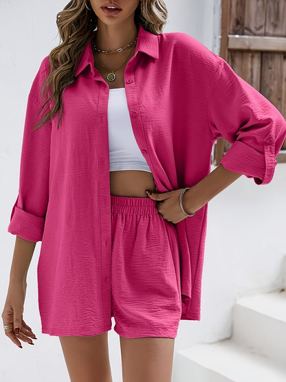 Women's Casual Summer Long Sleeve Shirt & Elastic Waist Shorts Set