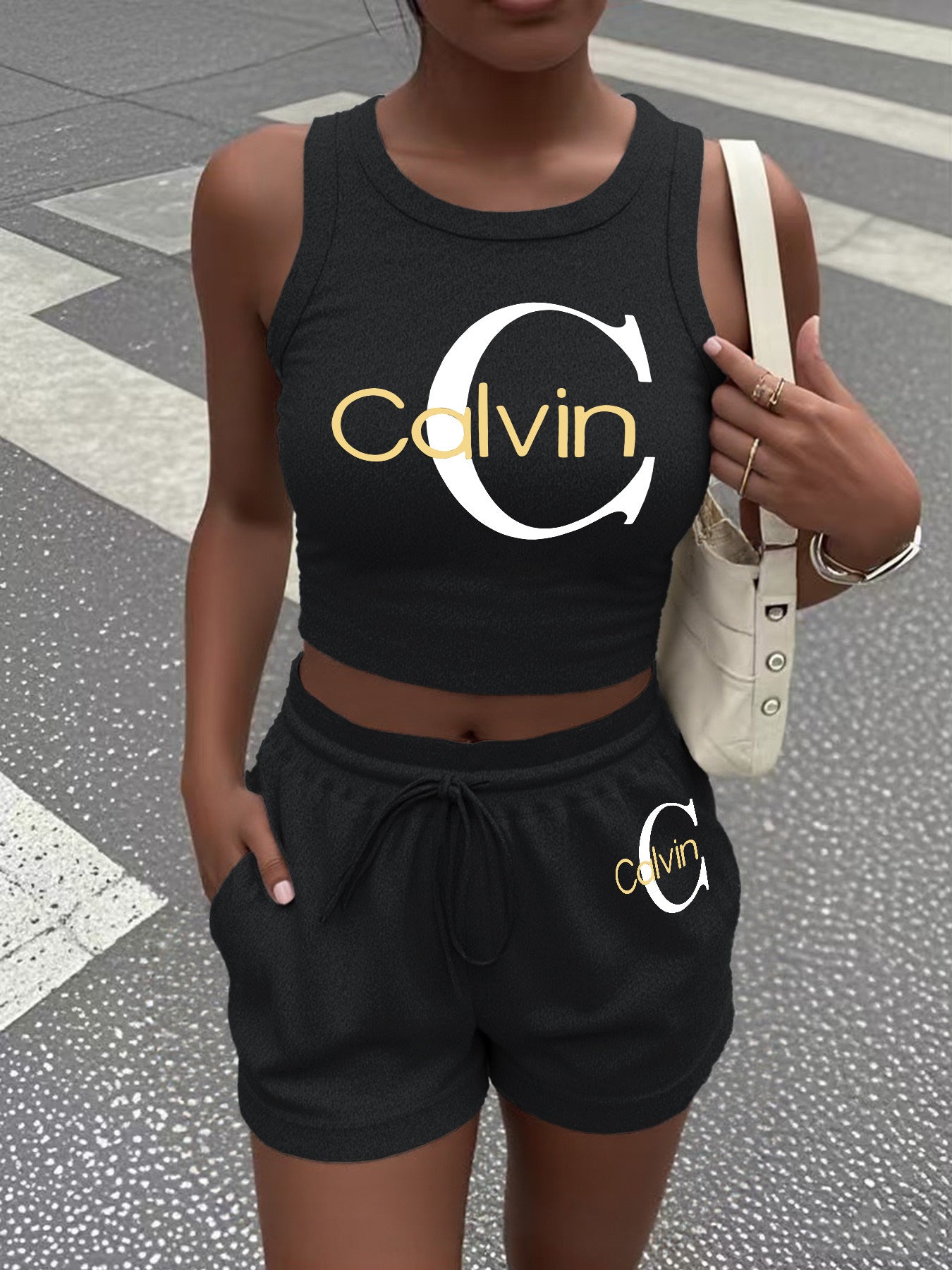 Women's Casual Two-Piece Set with Graphic Print Vest & Shorts