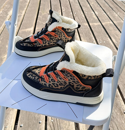 Women'S Stylish Leopard Print Winter Sneakers - Warm Fleece-Lined Casual Shoes with Thick PVC Sole, Black & Orange Design, Perfect for Fall/Winter Outdoor Activities, Winter Sneakers | Leopard Print Shoes | Durable PVC Sole