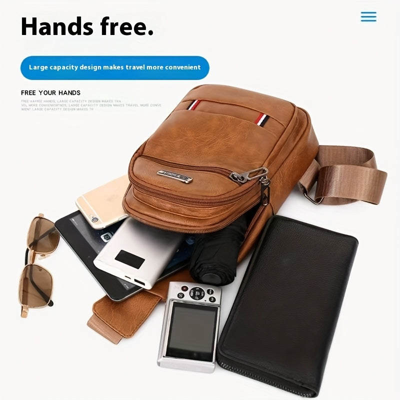 Men'S Vintage Faux Leather Chest Bag - Crossbody Sling Style, Multi-Layer Zippered Front, Brown with Red  White Stripes, Perfect for Casual Outings, Crossbody Bag, Secure Zipper Closure