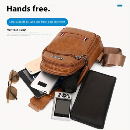 Men'S Vintage Faux Leather Chest Bag - Crossbody Sling Style, Multi-Layer Zippered Front, Brown with Red  White Stripes, Perfect for Casual Outings, Crossbody Bag, Secure Zipper Closure