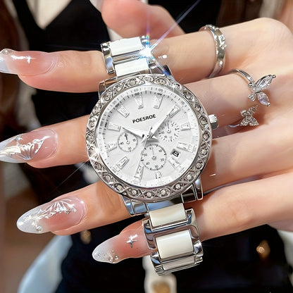 Women's Casual Quartz Watch with Rhinestone Case & Steel Strap