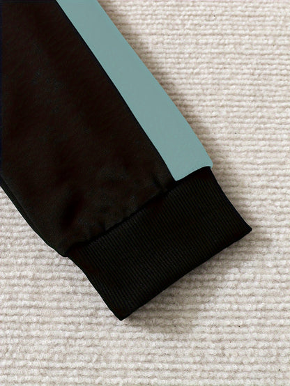 2pcs Boy's "King" Print Hooded Outfit, Stylish Colorblock Stitching Hoodie & Pants Set, Kid's Clothes For Fall/Winter Outdoor Wear, As Gift