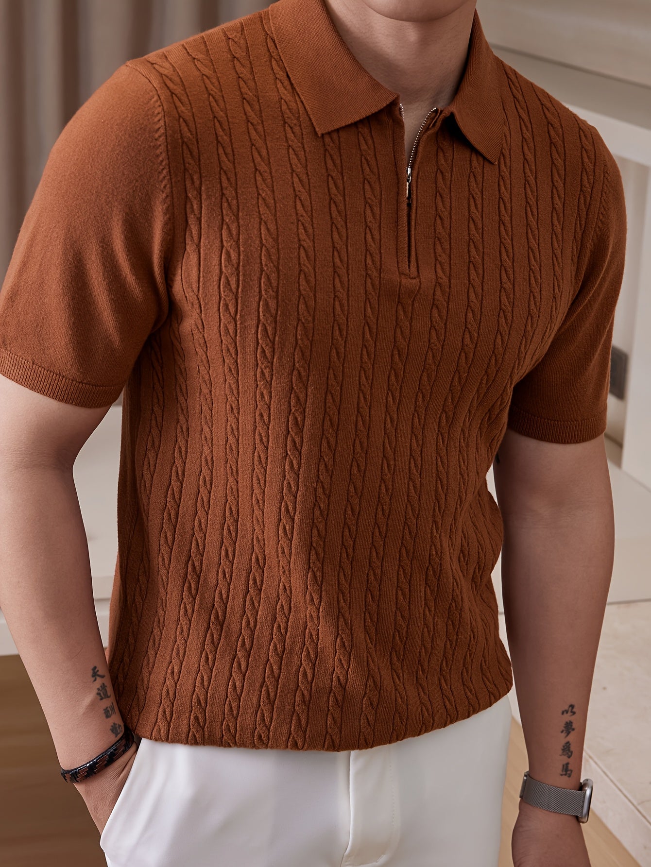 Men's Twisted Flower Knitted Shirt Short Sleeve Ribbed Knitted Shirt Spring and Autumn Lightweight Casual Texture Golf Shirt Collar Sweater Business Commuter Collar Bottom Shirt Top - ayq
