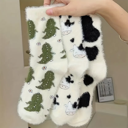 5 Pairs Milk Dot Fluffy Socks for s & - Thickened Warm Winter Socks with Cozy Furry Lining, Cute Cow/Chicken/Sheep/Beaver/Bear Patterns, Family Pack /Outdoor Use, Machine Washable Cold-Proof Footwear
