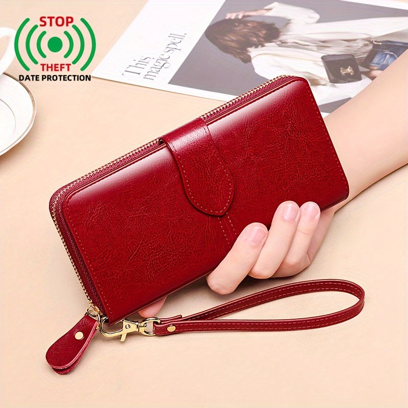 Two-Layer Cowhide Leather Clutch Wallet for Men & Women, Casual Large Capacity RFID Blocking Zippered Hand Purse with Transparent ID Slot and Anti-Theft Brush, Versatile for Going Out
