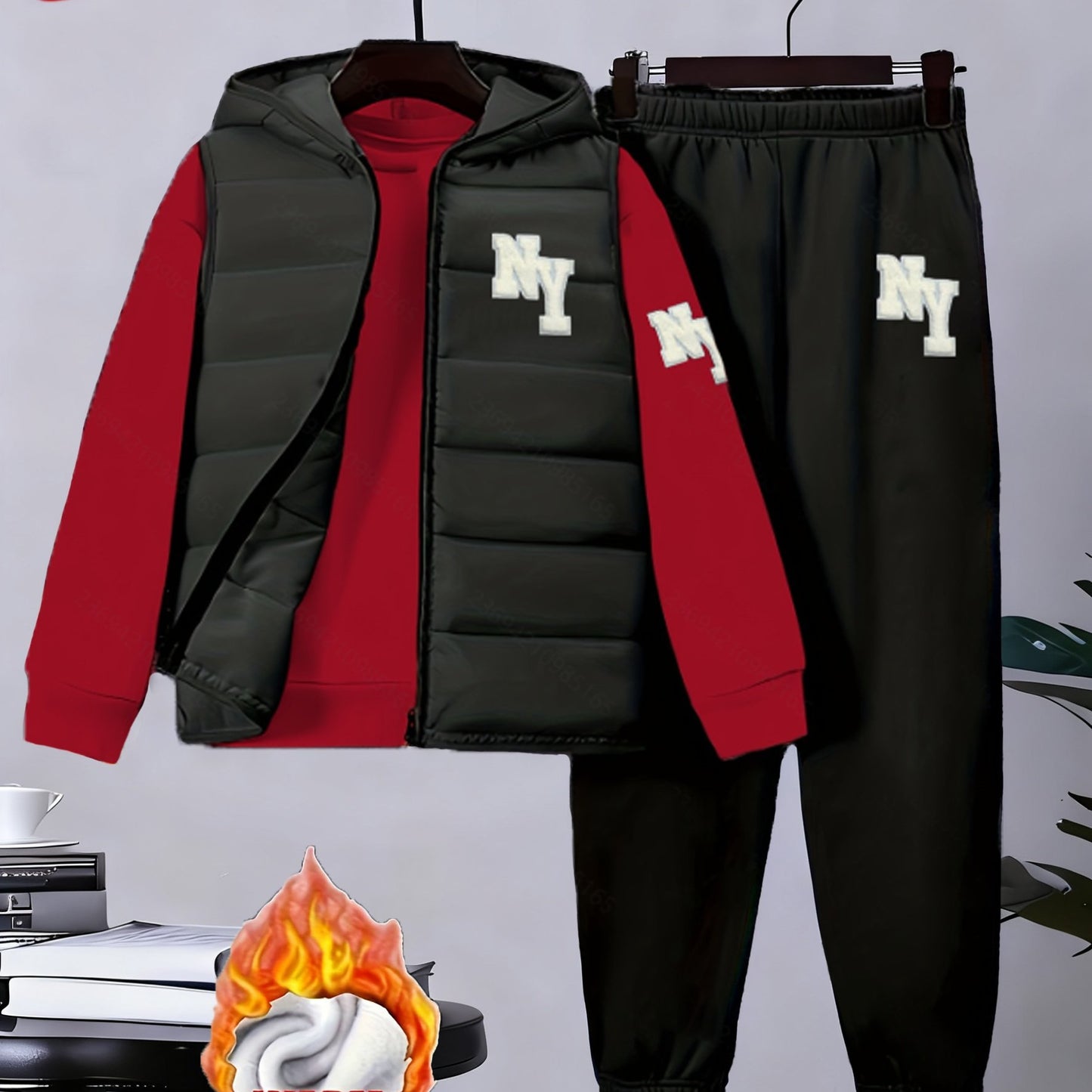 3pcs Boys' Winter Warm Uniform Set - NY Logo Lettered Jacket, Sweatshirt & Pants with Numbered Parch-Like Strips (8-12 Years) | Machine Washable 3pcs Outfit for, & Cold Weather | Non-Stretch Layered Clothing, Perfect for Outd