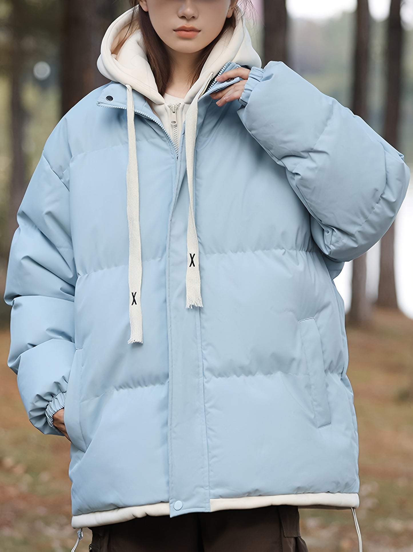 Women'S Light Blue Hooded Puffer Jacket - Cozy Fleece-Lined Winter Coat with Drawstring Hood, Casual Style for Cold Weather, Winter Coat