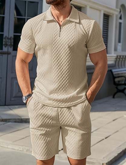 Men'S "Claude" Summer Polo Shirt Set - Short Sleeve, Shorts, and Zipper Detailing, Polyester, Casual Style, Casual Attire|Short Sleeve Shirt|Polyester Fabri