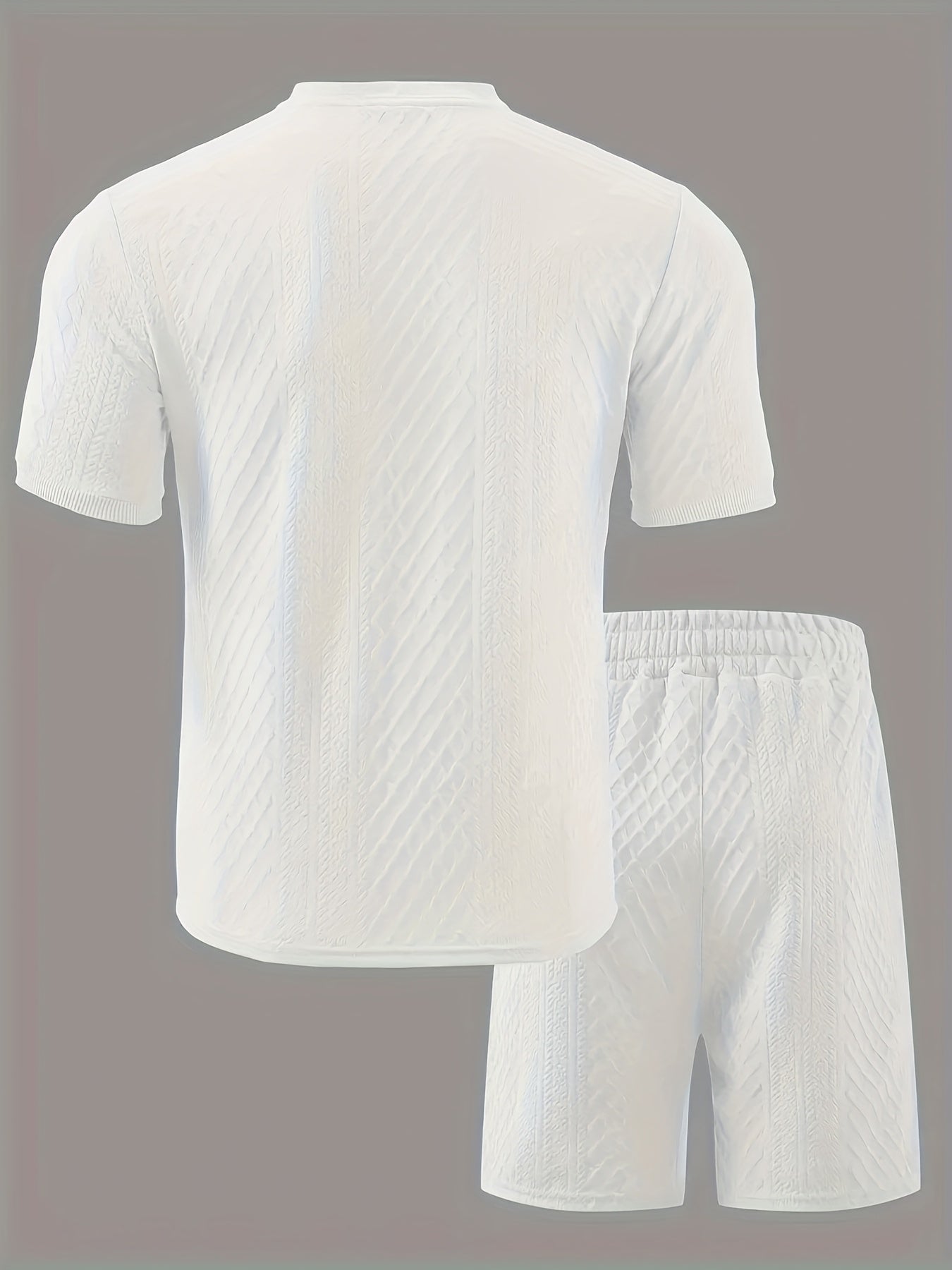 2pcs Set, Men's Casual Suit, Jacquard Fabric, Round Neck Short Sleeves with Buttons, Jacquard Shorts with Drawstring - ayq
