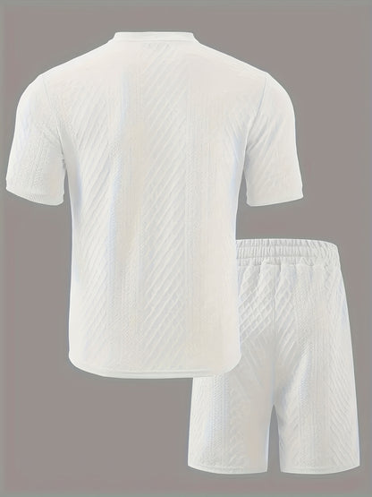 2pcs Set, Men's Casual Suit, Jacquard Fabric, Round Neck Short Sleeves with Buttons, Jacquard Shorts with Drawstring - ayq