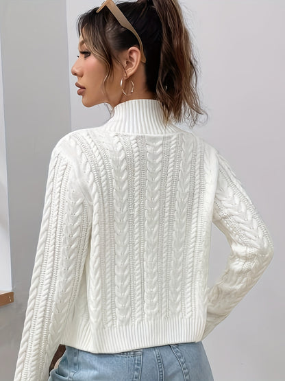 Women's Elegant Zip-Up Cable Cardigan with Stand Collar - Machine Washable Spring/Fall Jacket, White Solid Color, Braided Design & Zipper Front for Casual or Dressy Outfits, Cardigan Sweater, Autumn Layering Piece, Spring Out