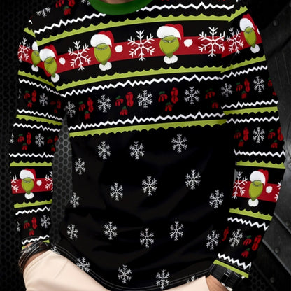 Men's Christmas & Halloween Novelty Sweater Shirt - Long Sleeve Green/Yellow/Golden Sweater Vest-like Top with Santa, Reindeer & Snowflake Patterns, Machine Washable Casual Party Outfit for Xmas, New Year's Events (Regular Fi