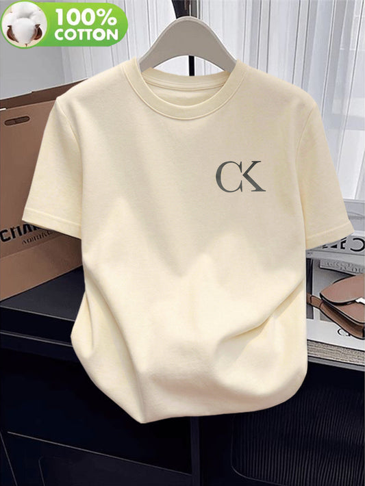 Women's Casual Cotton T-Shirt with Alphabet Applique Print - ayq