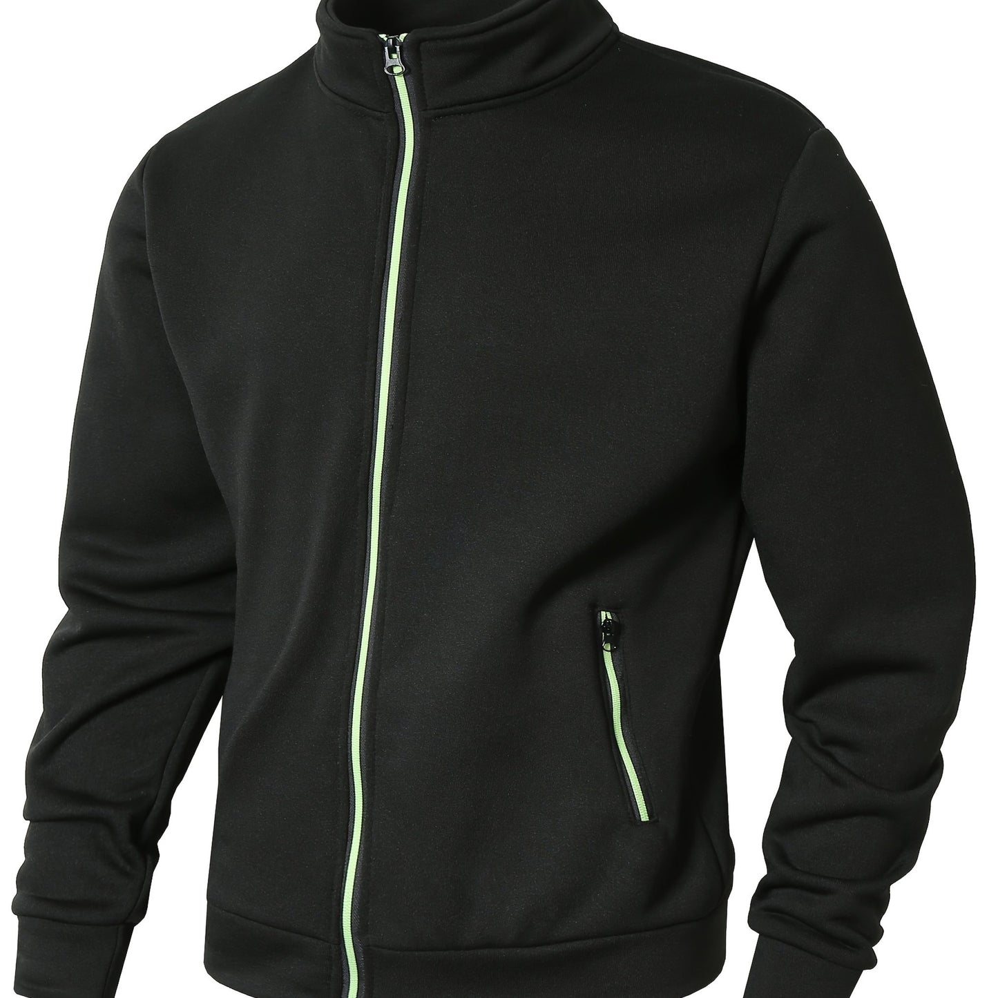Men's Sporty Full-Zip Stand Collar Sweatshirt - Long Sleeve Casual Pullover with Neon Green Accents, Solid Color Non-Stretch Fabric, Regular Fit for Fall Winter