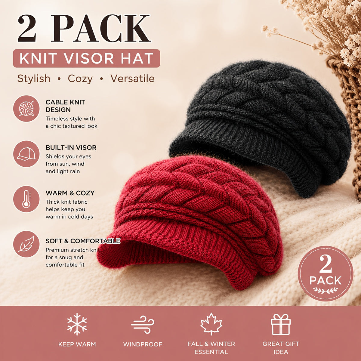 Women's Vintage Cable Knit Newsboy Hats with Sun Visor, Warm & Windpro