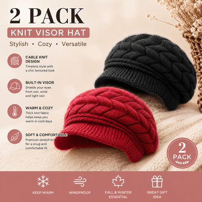Women's Vintage Cable Knit Newsboy Hats with Sun Visor, Warm & Windpro