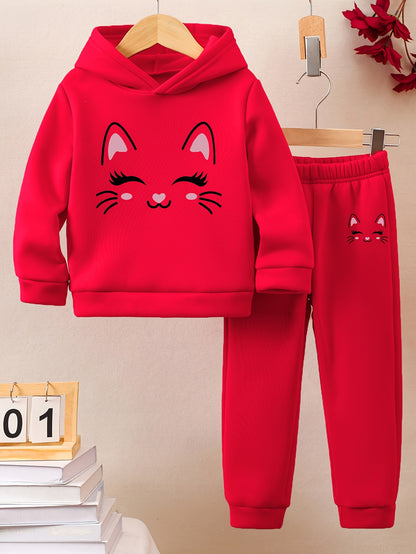 Autumn/Winter Smile Face Kitten Graphic Print Warm Fleece Hooded Sweatshirt And Sports Trousers for Girls, for Outdoor