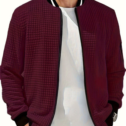 Men's Casual Bomber Jacket with Stand Collar - Polyester and Elastane Blend, Knit Fabric with Slight Stretch, Solid Color, Zipper Detail, Long Sleeve, Regular Fit